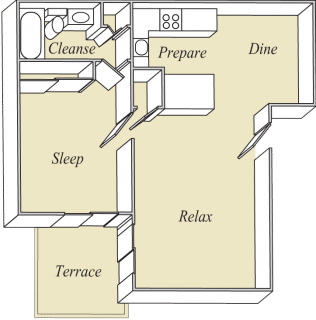 Floor plan for 1 bed, 1 bath, 615 sqft